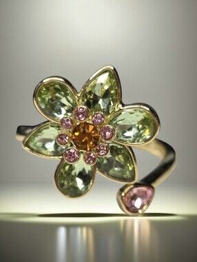 18k Gold Plated Designer Botanical Flower Crystal Cocktail Ring